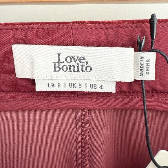 Love, Bonito Polina Pleated Velvet Straight Leg Trousers Burgundy Size 4 NEW - Picture 3 of 5